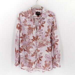 Tahari Linen Shirt Tunic Top Sz XL Roll tab sleeve Floral print White & Brown